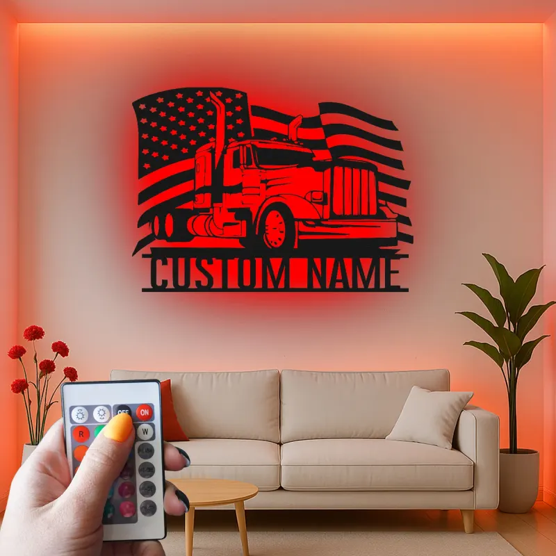 Panneau Trucker Personnalisé | Art Murale Métal Drapeau Américain LED | Cadeau Personnalisé pour Conducteur de Camion Semi | Décor Man Cave