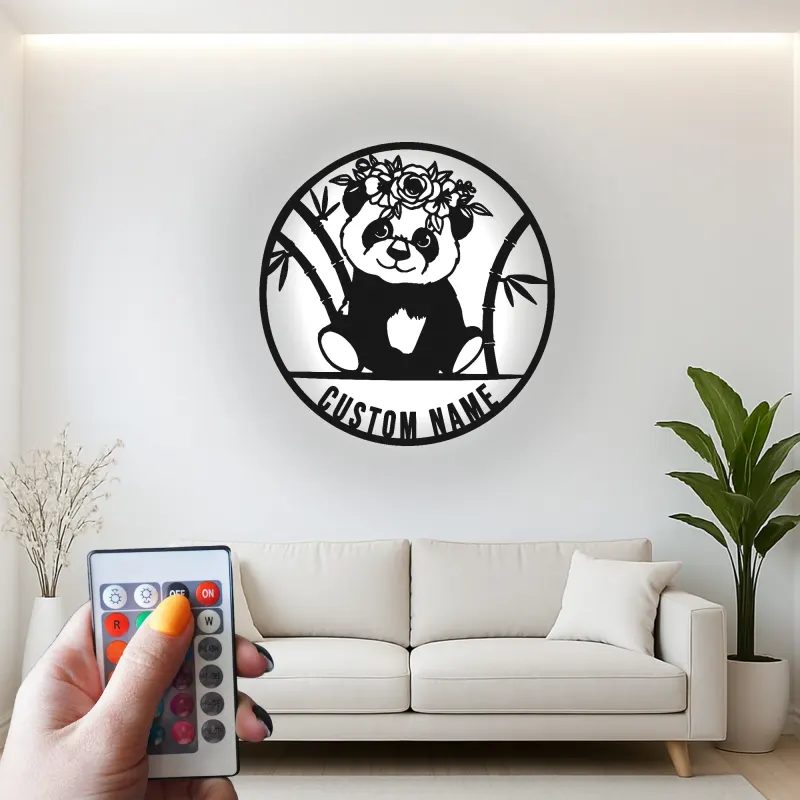 Panneau en métal pour bébé panda personnalisé | Décor de nursery LED personnalisé | Panneau avec couronne florale | Cadeau mignon pour chambre d'enfant