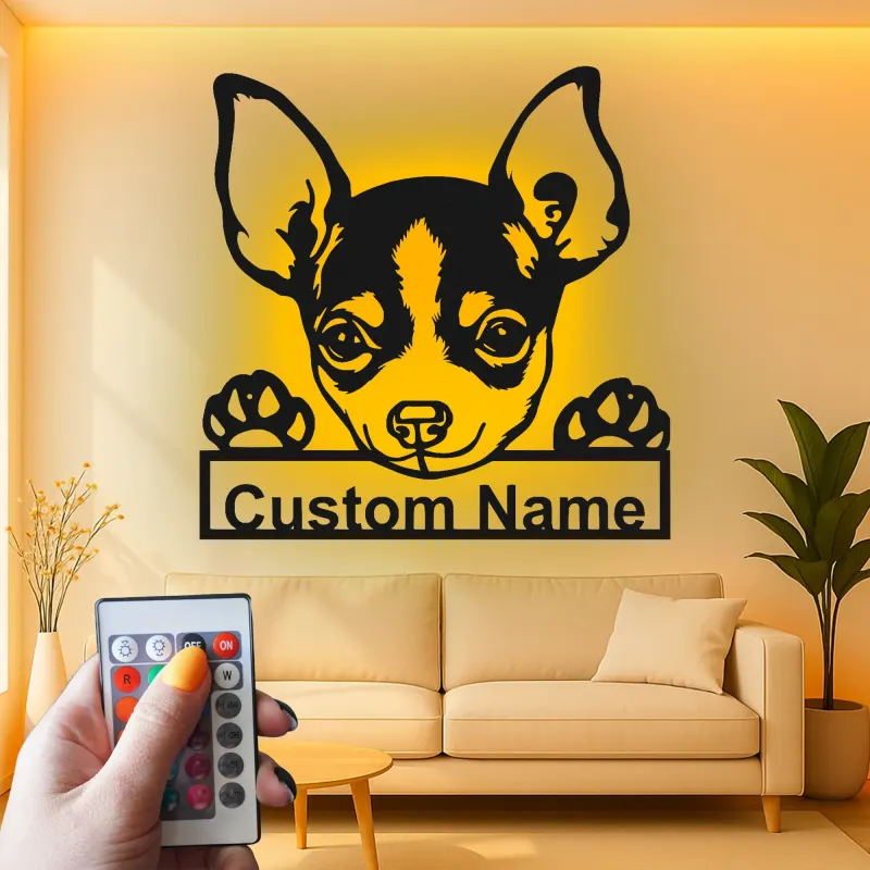 Décoration murale en métal personnalisée Chihuahua avec Rétroéclairage - Cadeau pour Amateurs de Chiens - Décor de Salon