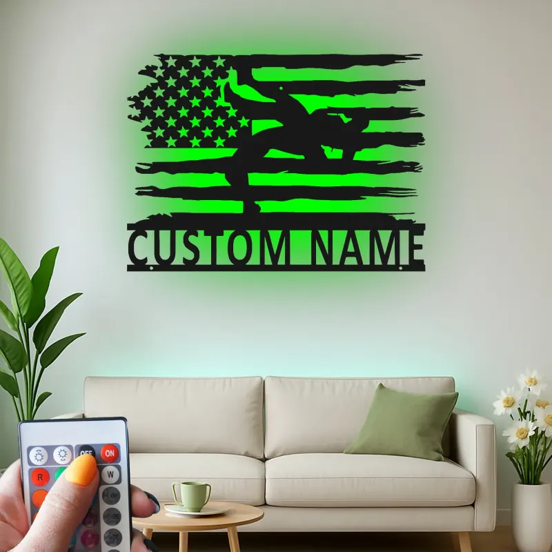 Décoration murale en métal personnalisée avec lumière LED drapeau américain pour lutteur - Cadeau sportif pour athlètes, décoration de gym ou de chambre