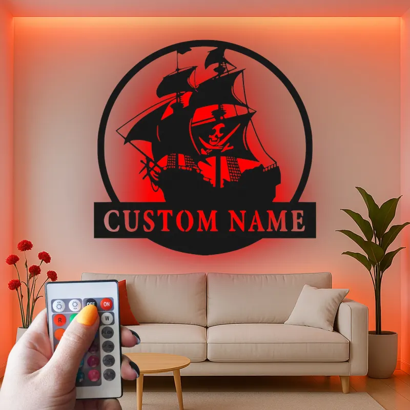 Personalized Pirate Ship LED Sign | Custom Metal Wall Art | Nautical Home Decor for Man Cave | Gift for Sailor