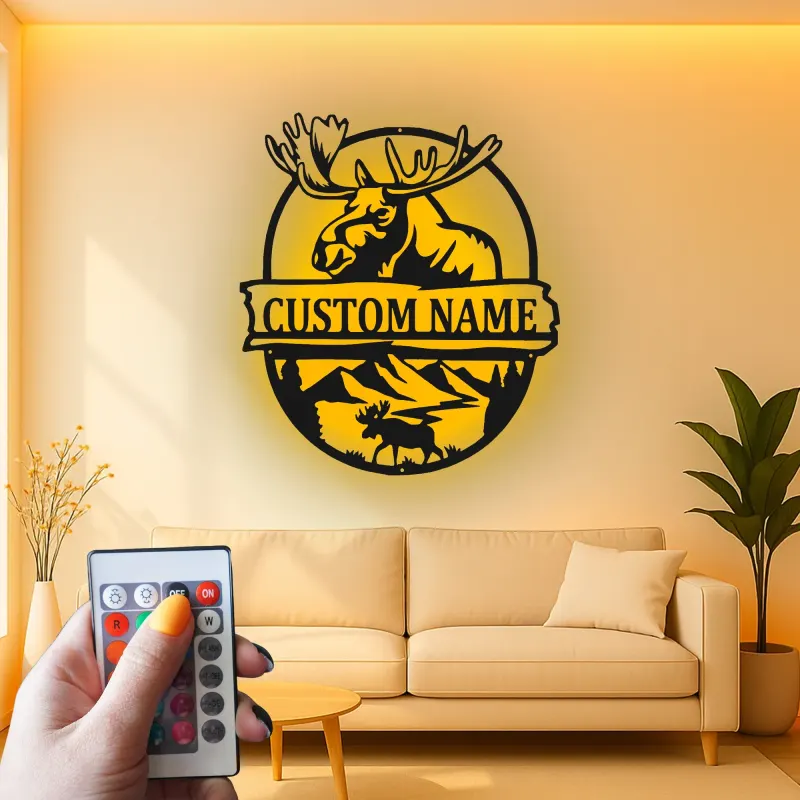 Insegna in metallo Bull Moose personalizzata | Arte murale illuminata con LED della fauna selvatica | Decorazione rustica per cabin e lodge | Regalo personalizzato per cacciatori