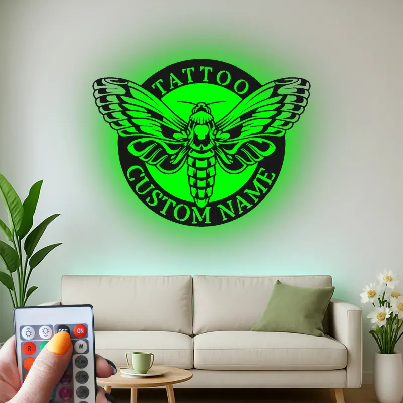 Custom Death's Head Moth LED Sign | Layered Metal Wall Art | Tattoo Studio Decor | Gothic Home Aesthetic | Personalized Business Logo