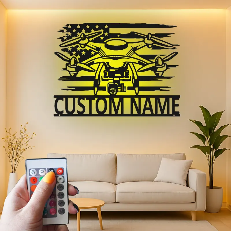 Custom Drone Led Light Metal Wall Art Personalized Gift for Drone Enthusiasts Man Cave or Office Decor