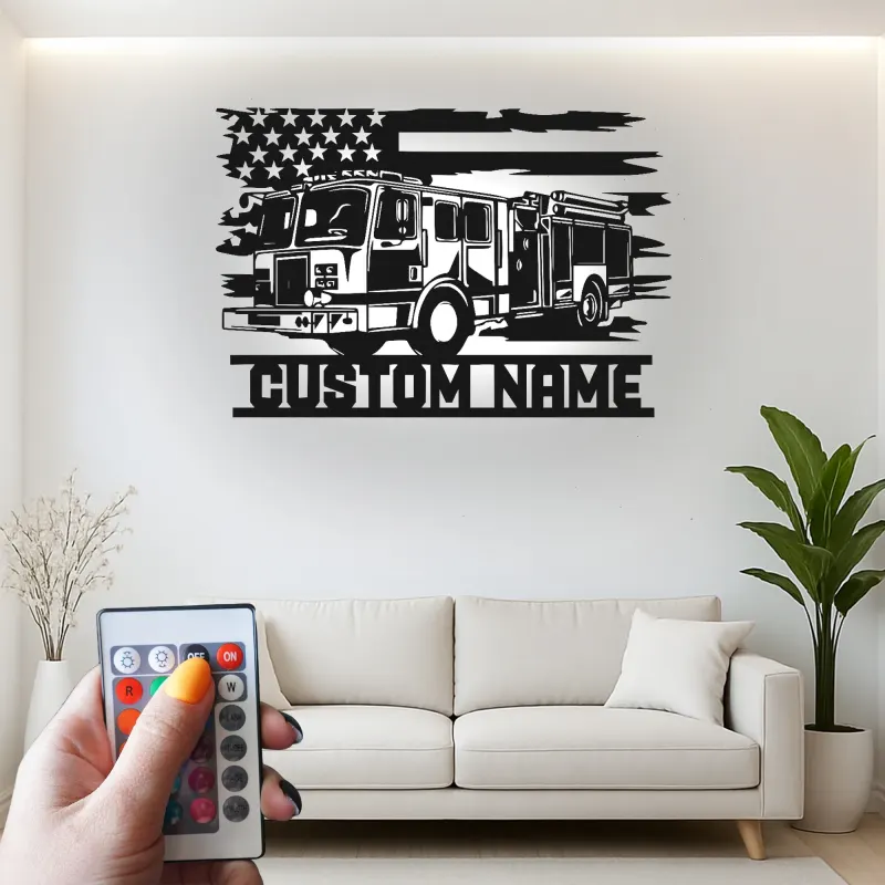 Enseigne personnalisée pour pompier en métal avec LED | Décoration murale personnalisée de camion de pompiers | Cadeau pour pompier pour déco de caserne