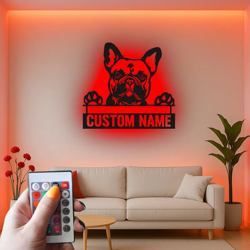 Arte murale LED in metallo con Bulldog Francese | Insegna personalizzata con nome del cane | Regalo su misura per amanti dei cani | Arredo moderno minimalista