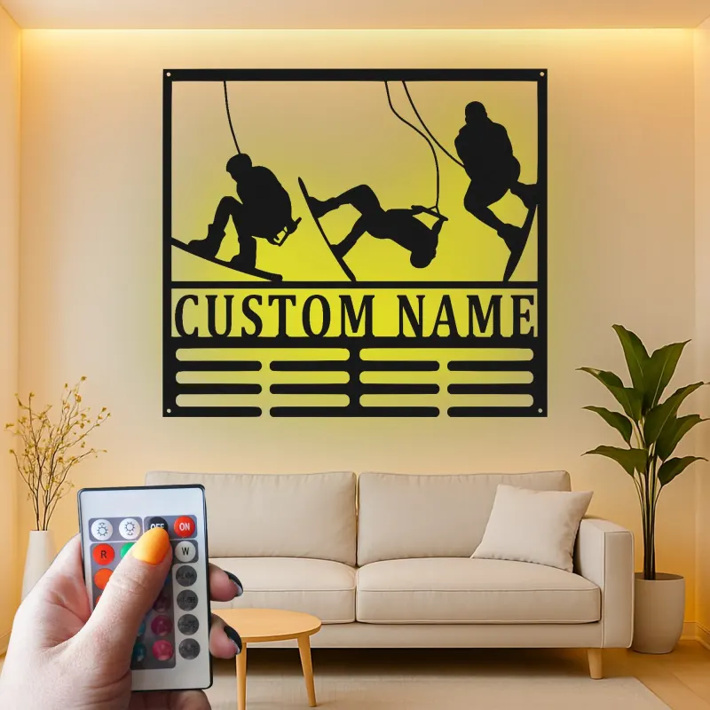 Décoration murale en métal personnalisée Aventure de ski avec rétroéclairage LED Cadeau personnalisé pour les passionnés de ski Décor de salle de jeux