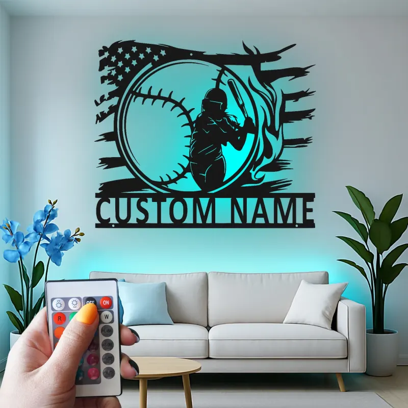 Insegna in metallo personalizzata per giocatore di softball con luce LED regalo per atleti decorazione per stanza sportiva 2
