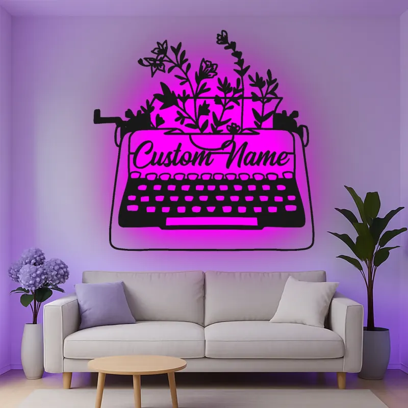 Décoration murale en métal personnalisée avec LED en forme de machine à écrire et fleurs - Cadeau pour écrivain