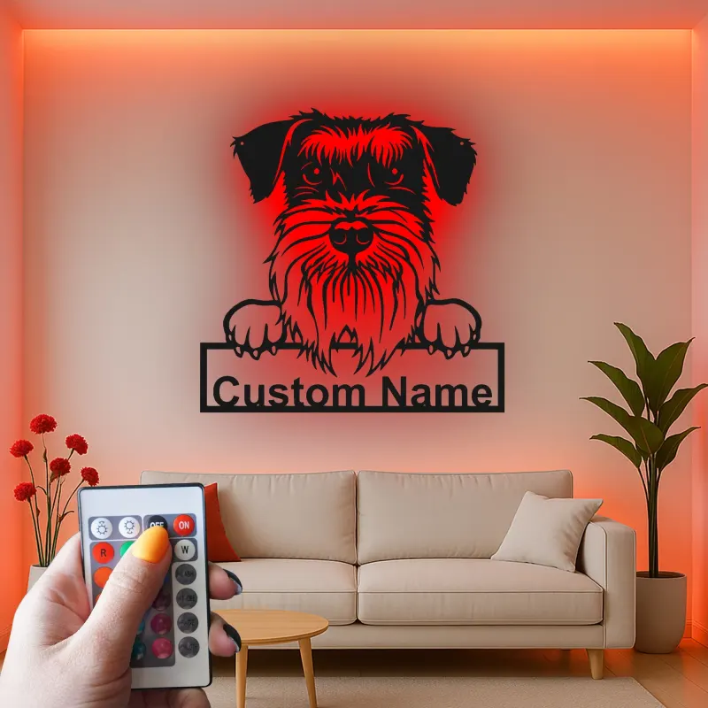 Insegna LED Schnauzer Personalizzata | Arte Murale in Metallo | Regalo per Amanti dei Cani, Decorazione Moderna per Casa e Clinica