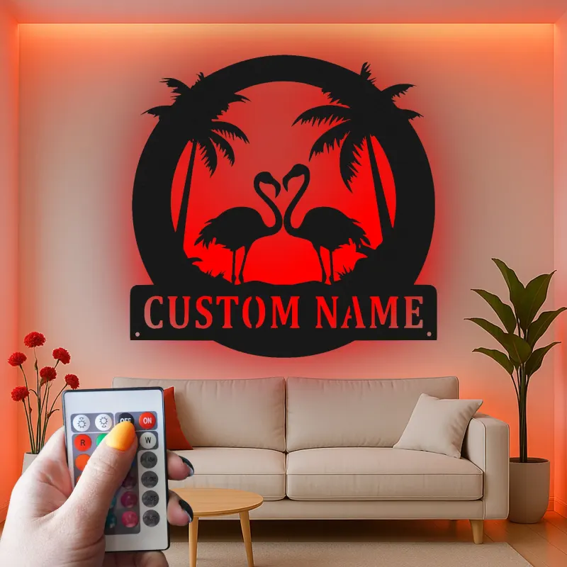Panneau en métal Flamant Rose personnalisé | Art mural LED tropical | Décor de nom de maison de plage personnalisé | Cadeau décor de coucher de soleil