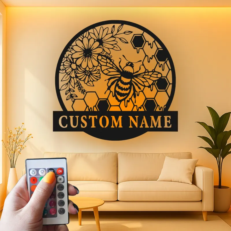 Personalisierte Bienen und Blumen LED Licht Metall-Wandkunst Geschenk für Naturliebhaber Gartenraum Dekor