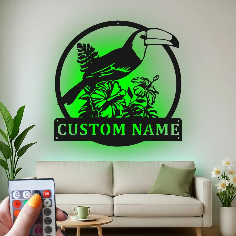 Custom Toucan Metal Sign | Personalized LED Wall Art with Hibiscus | Tropical Patio & Nursery Decor | Exotic Bird Lover Gift