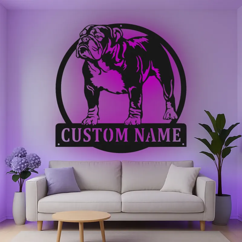 Cartel de metal LED personalizado de Bulldog, regalo para amantes de los perros, decoración para la sala de estar o área de mascotas