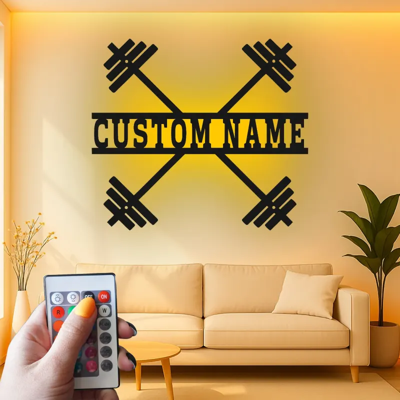 Insegna in metallo personalizzata con bilanciere e luce LED regalo per appassionati di fitness decorazione per home gym