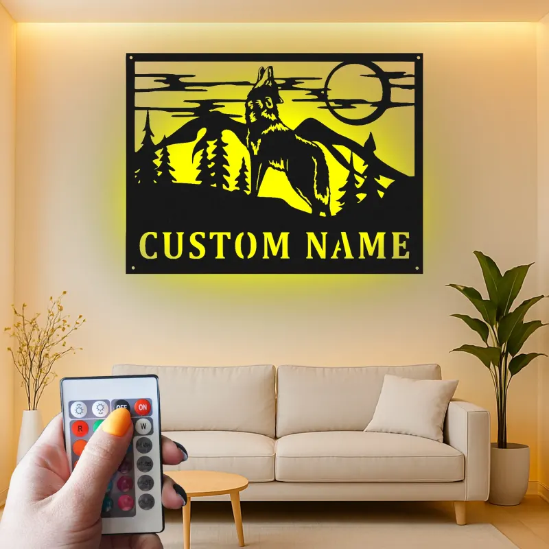 Insegna in metallo personalizzata con lupo che ulula e luce LED regalo per amante della natura decorazione per cabin o lodge