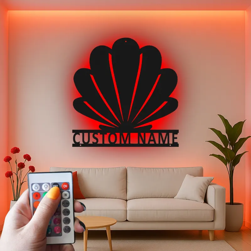 Art Murale en Métal Coquille Saint-Jacques | Décor Personnalisé Maison de Plage | Panneau de Nom Nautique Personnalisé avec LED