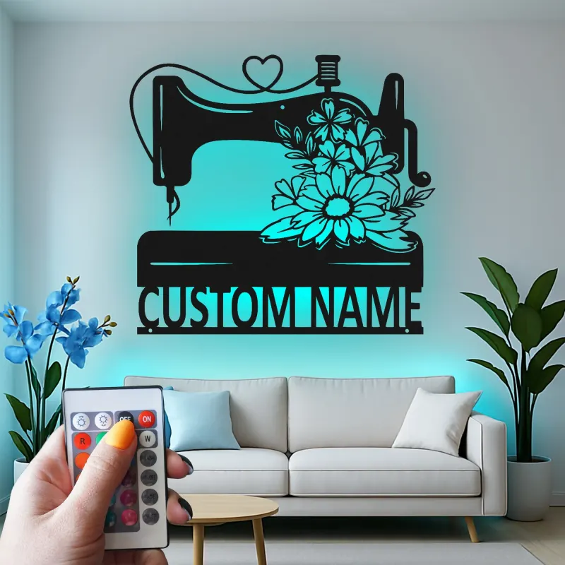 Custom Sewing Machine Sign | Personalized LED Metal Wall Art | Seamstress Gift & Craft Room Decor