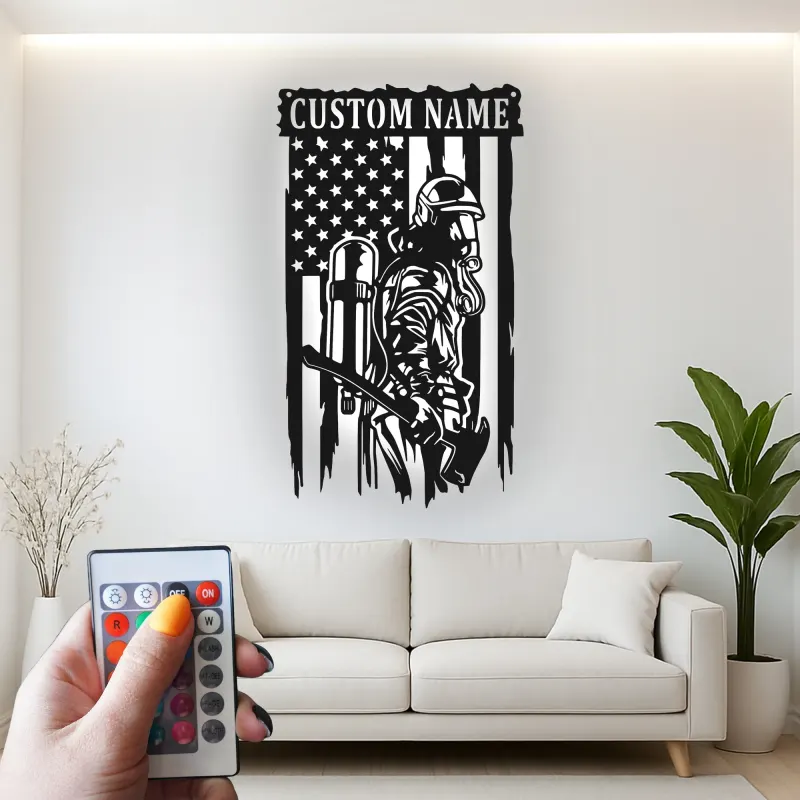 Cartel LED de bombero personalizado | Arte mural de bandera americana | Regalo personalizado para bombero | Decoración de héroe en la pared
