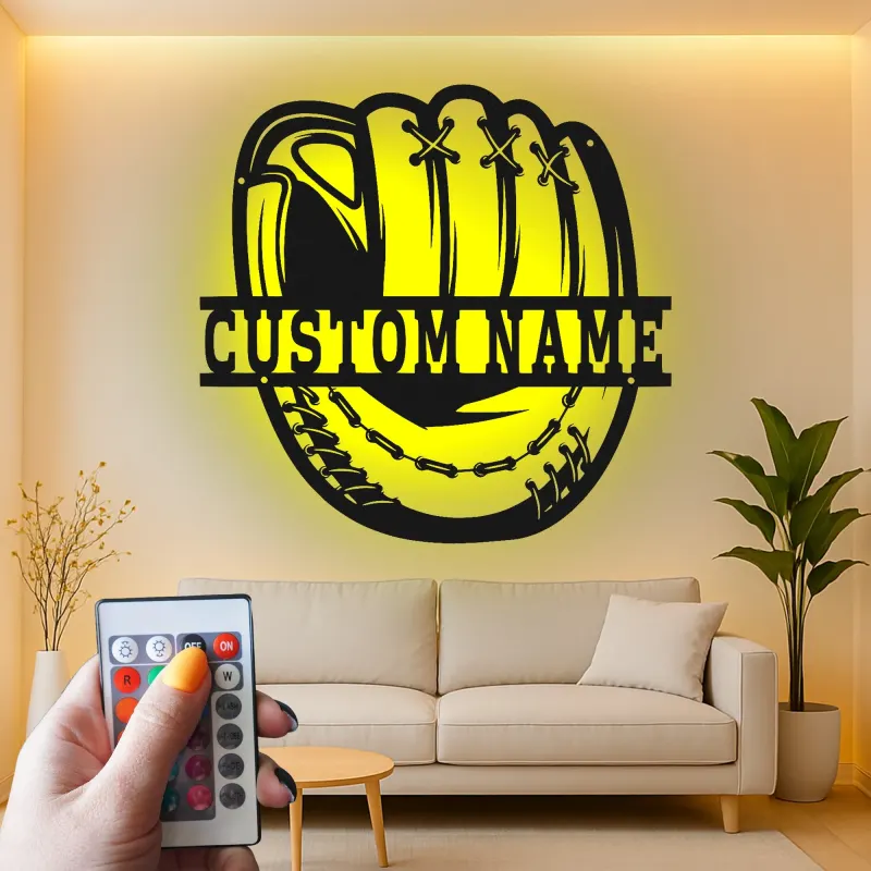 Insegna in metallo personalizzata con luce LED per guanto da baseball - Regalo personalizzato per appassionati di baseball e decorazione per stanze sportive