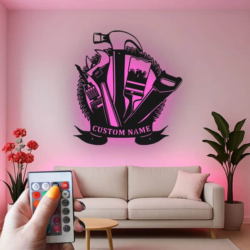 Cartel de metal personalizado con luz LED de juego de herramientas para regalo de manitas, decoración de garaje o taller 3