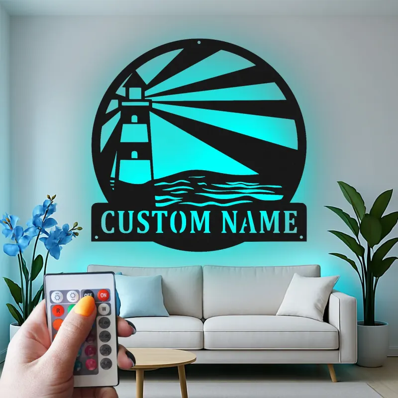 Personalized Lighthouse Metal Wall Art | Custom Name Sign with LED Light | Modern Coastal Decor for Beach House