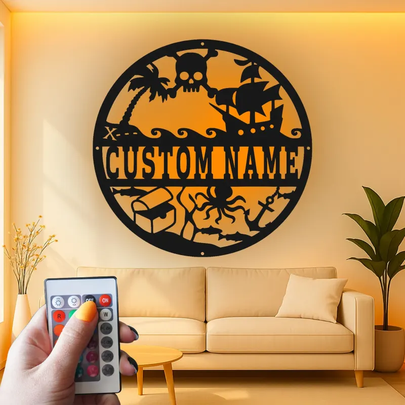 Personalized Pirate Ship Sign | Custom Name LED Metal Wall Art | Nautical Nursery Decor for Kids Room | Skull & Octopus Treasure Art