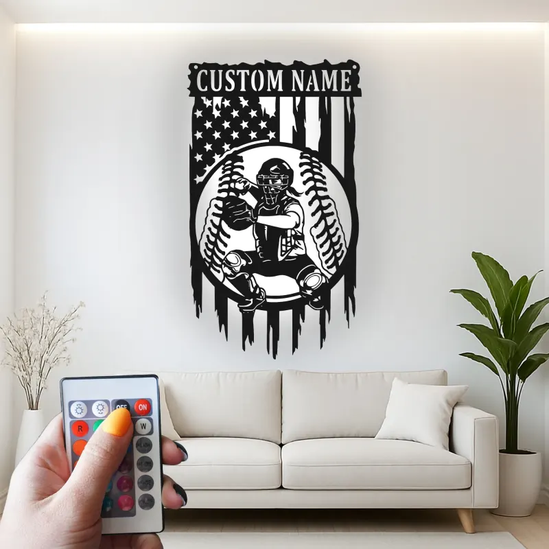 Insegna in metallo personalizzata con luce LED per catcher di baseball - Regalo personalizzato per appassionati di baseball e decorazione per stanze sportive