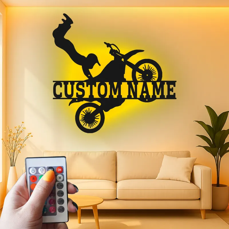 Panneau Motocross Personnalisé | Décoration murale en métal LED pour cave à vin | Décor de nom de pilote sur mesure | Cadeau de sports extrêmes