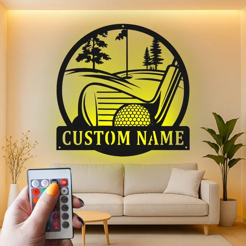 Panneau LED de golf personnalisé en métal | Décoration murale avec prénom de golfeur | Déco de cave à homme et bar à domicile | Cadeau unique pour lui