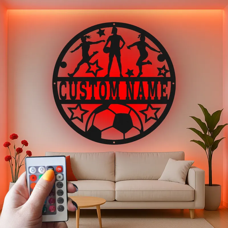 Insegna in metallo personalizzata con luce LED per calciatori, regalo personalizzato per appassionati di calcio, decorazione per sala giochi