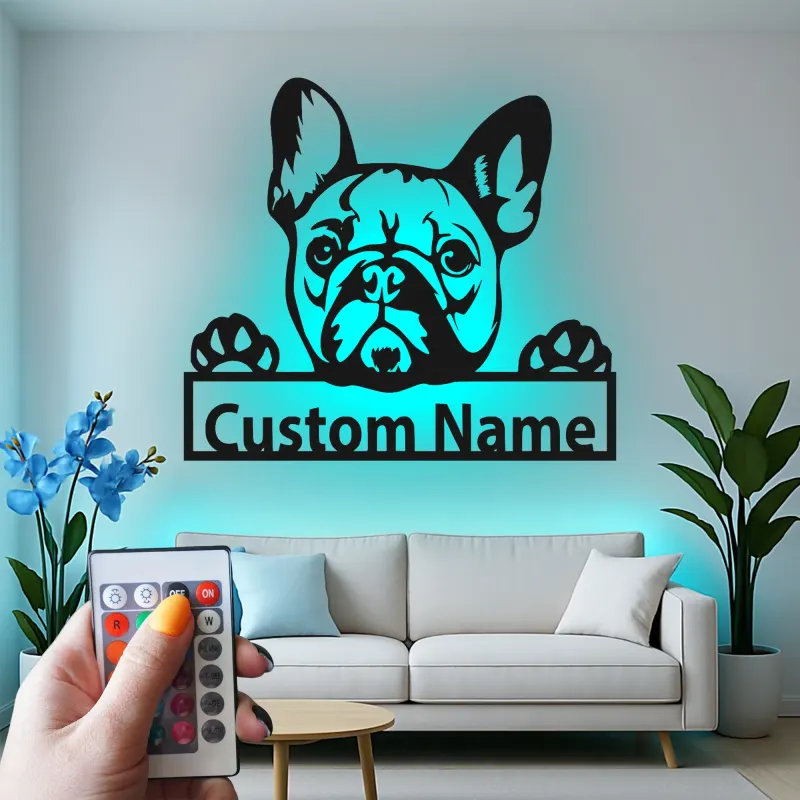 Cartel de metal LED de bulldog francés personalizado Regalo para amantes de los perros Decoración de sala de estar