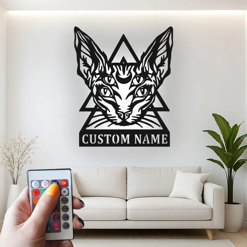 Art Mural en Métal LED de Chat Sphynx | Décor Gothique Personnalisé pour la Maison | Cadeau Personnalisé pour Amateurs de Chats Sorciers pour Salons et Studios