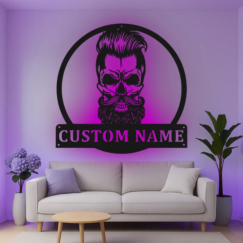Insegna in metallo personalizzata con luci LED a forma di teschio barbuto - Regalo unico per lui - Decorazione per man cave o garage
