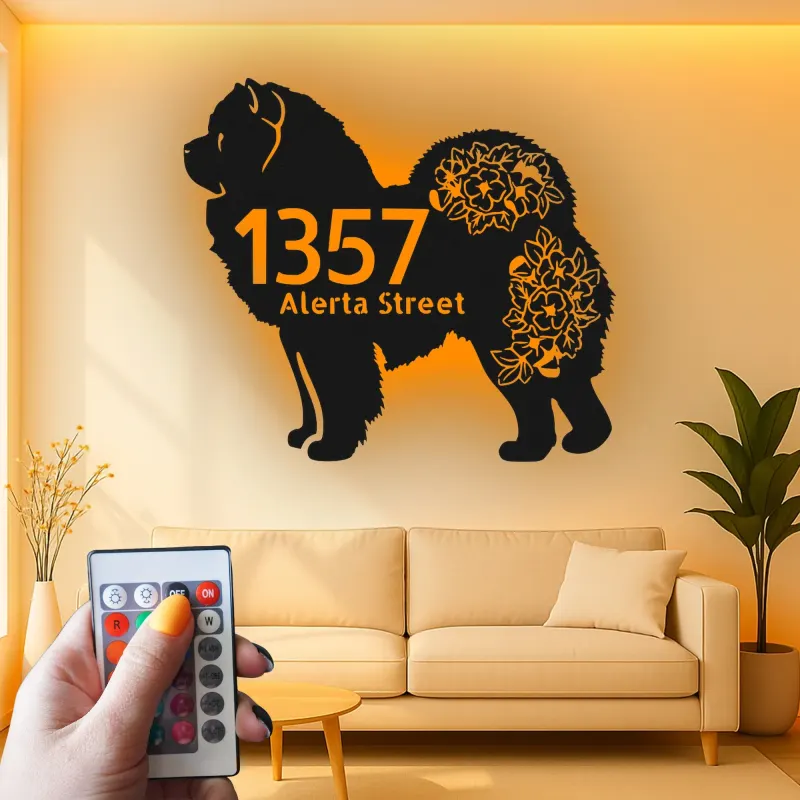 Insegna in metallo LED personalizzata Chow Chow, regalo per amanti dei cani, decorazione per indirizzo esterno