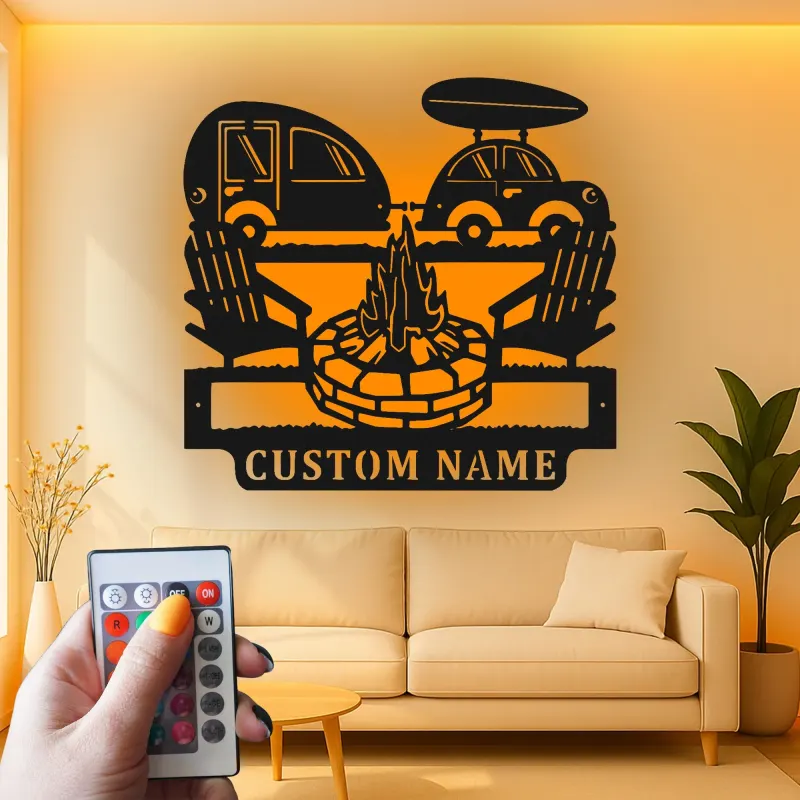 Décoration murale en métal personnalisée avec camping-car et feu de camp, cadeau de camping pour les passionnés de plein air