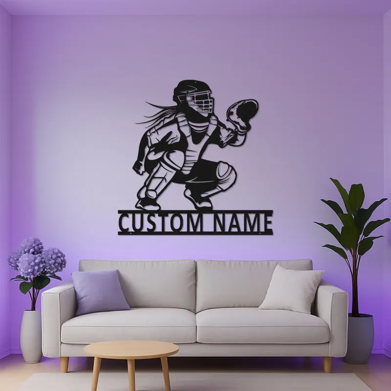 Cartel LED personalizado de receptora de softball | Arte mural de metal personalizado para habitación de chicas | Regalo para atleta femenina | Decoración de guardería deportiva
