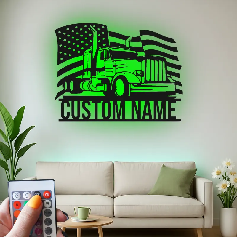 Personalized Semi Truck Metal Art | LED American Flag Sign | Patriotic Trucker Decor & Gift for Man Cave | Laser Cut Steel