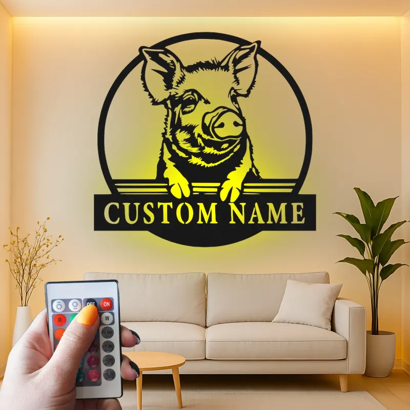 Custom Farm Pig LED Sign | Personalized Metal Wall Art | Farmhouse Kitchen & Farmer Gift | Realistic Hog Decor