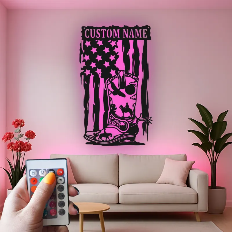Personalisierte Cowboy-Stiefel LED-Metall-Wandkunst – Western-Geschenk für Ihn, rustikale Man-Cave-Deko