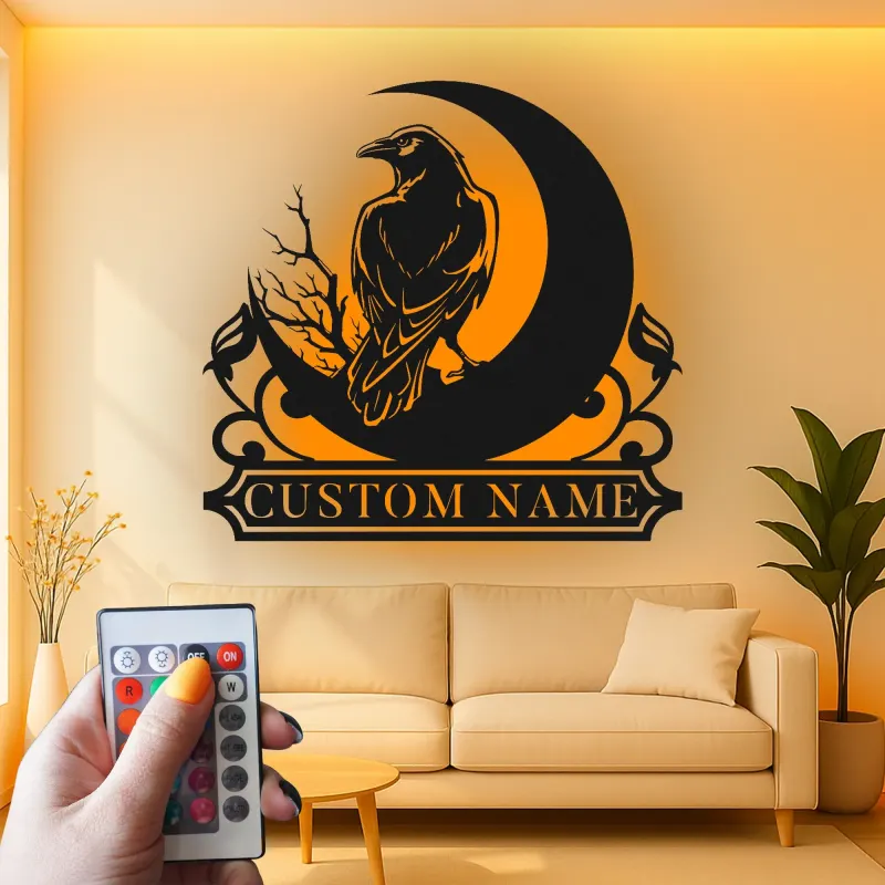 Gothic Raven Metallschild | Personalisierte Krähen LED-Wandkunst | Individuelle Hexen-Dekoration für Ihr Zuhause | Spooky Mond-Schild