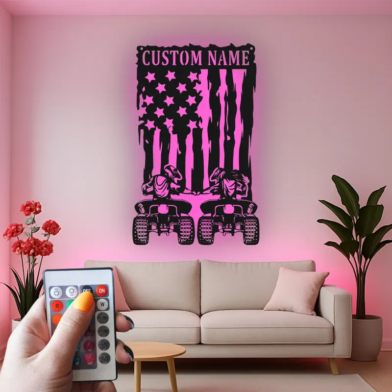 Custom ATV Riders American Flag Led Light Metal Wall Art Adventure Gift for Him Garage or Man Cave Decor