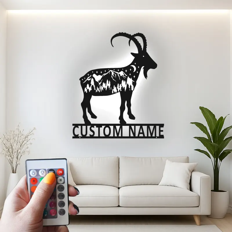 Custom Mountain Goat Metal Sign | Personalized LED Wall Art | Wildlife Decor for Nature Lover & Cabin