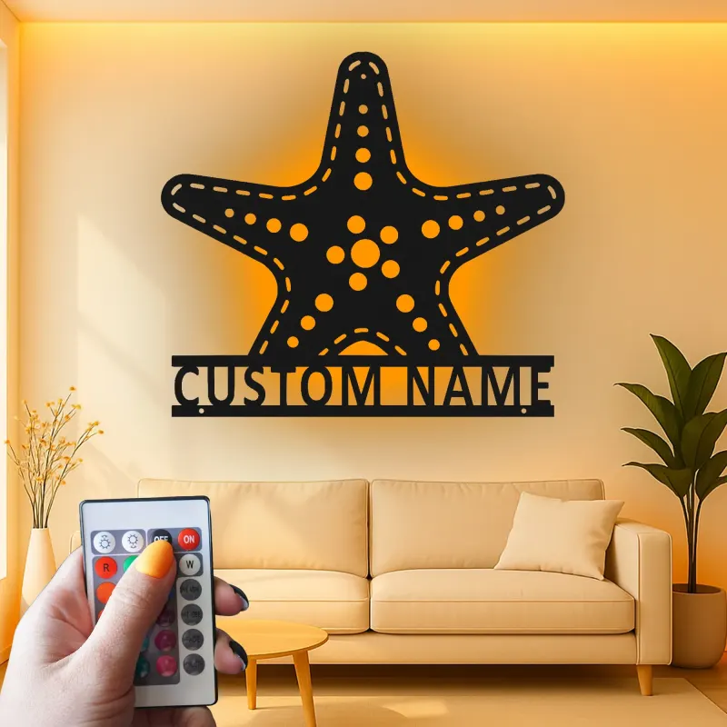 Letrero LED personalizado con estrella de mar | Arte mural de vida marina en metal | Regalo de decoración costera para casa de playa
