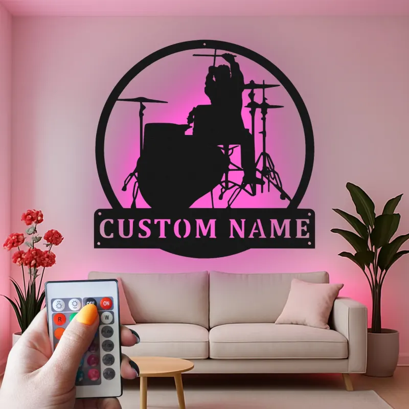 Insegna in metallo LED personalizzata con silhouette di batterista - Regalo per amanti della musica, decorazione per studio musicale o camera da letto