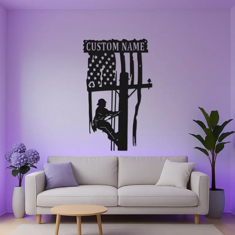 Custom Lineman Metal Sign | Personalized American Flag LED Art | Patriotic Electrician Gift | Utility Worker Wall Decor