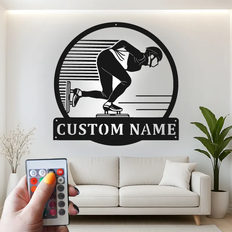 Personalisierte LED-Schild für Eisschnellläufer | Individuelle Metall-Wandkunst für Eiskunstläufer | Geschenk für Sportlerzimmer