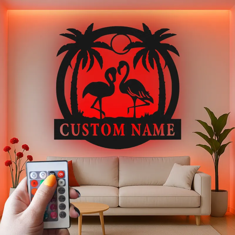 Insegna in metallo con fenicottero personalizzata e LED | Decorazione tropicale per casa al mare | Arte murale con nome per patio e soggiorno