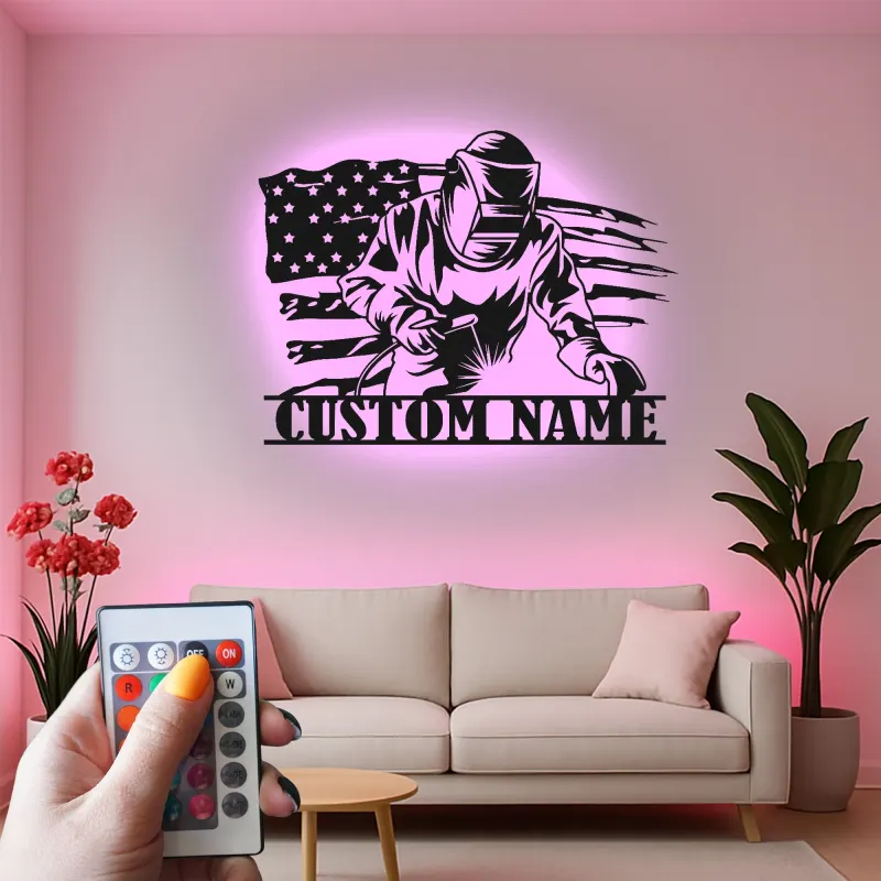 Insegna in metallo LED personalizzata con bandiera americana per saldatori, regalo personale per saldatori, decorazione per garage o laboratorio
