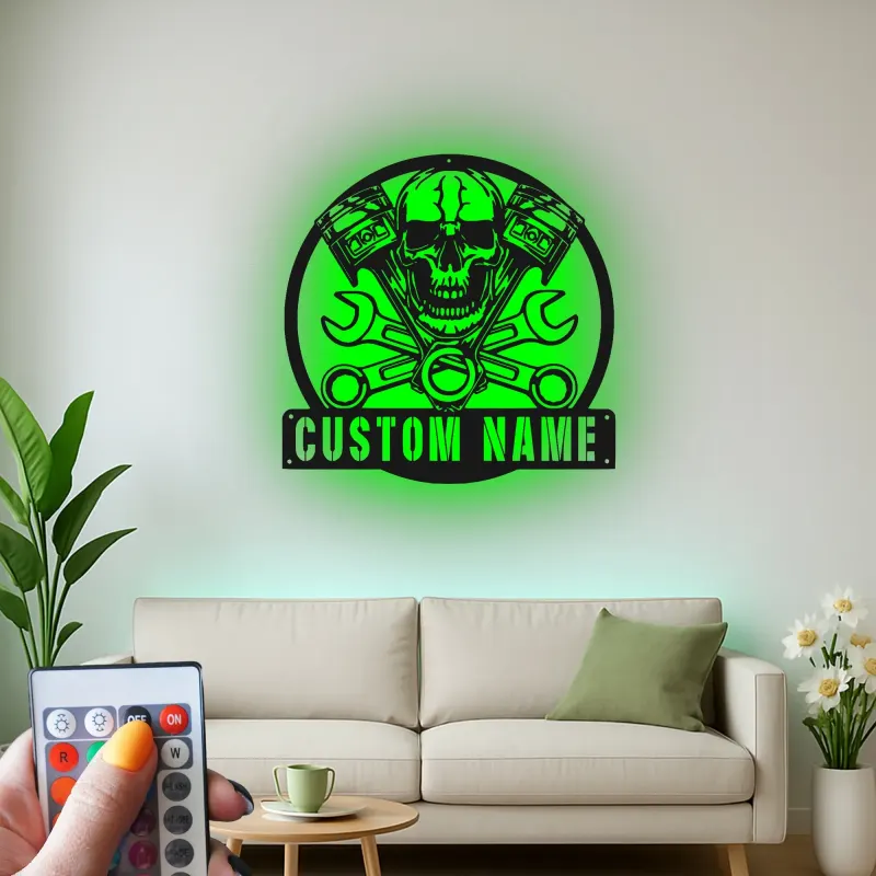 Insegna LED con Teschio per Meccanico | Arte Murale in Metallo Personalizzata per Garage | Decorazione per Biker e Man Cave con Luci RGB